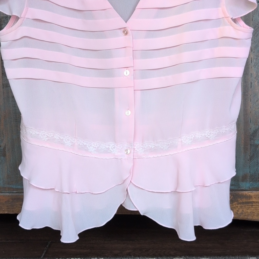 Oscar de la Renta Sheer Pink Ruffled Peplum Blouse Lace Trim - Women's 16 - Picture 4 of 5